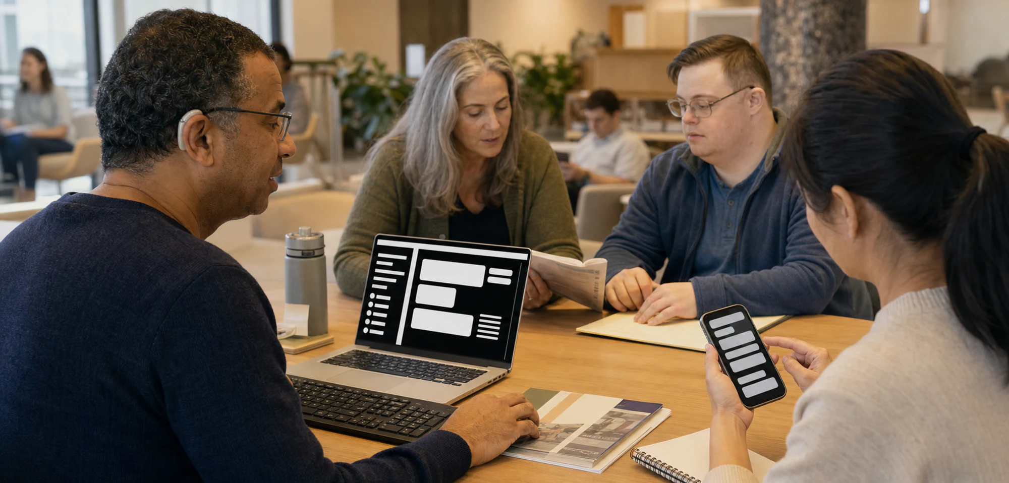 People using accessible civic interfaces with high contrast, enlarged text, and keyboard controls