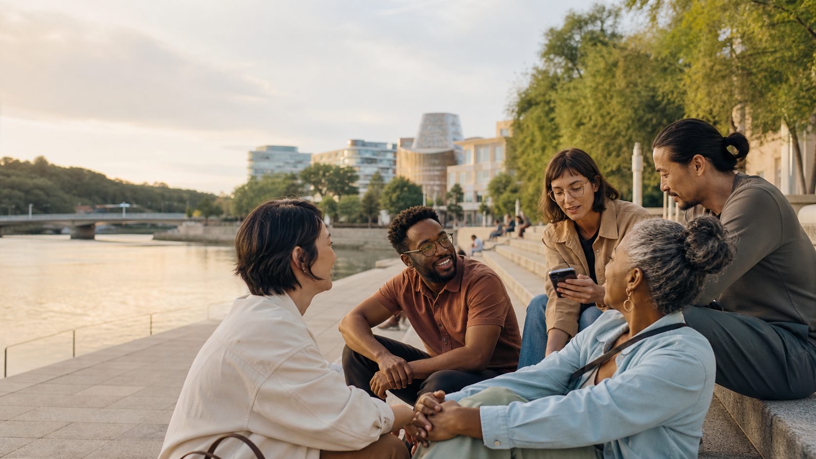 Friends spending time beside a public waterfront